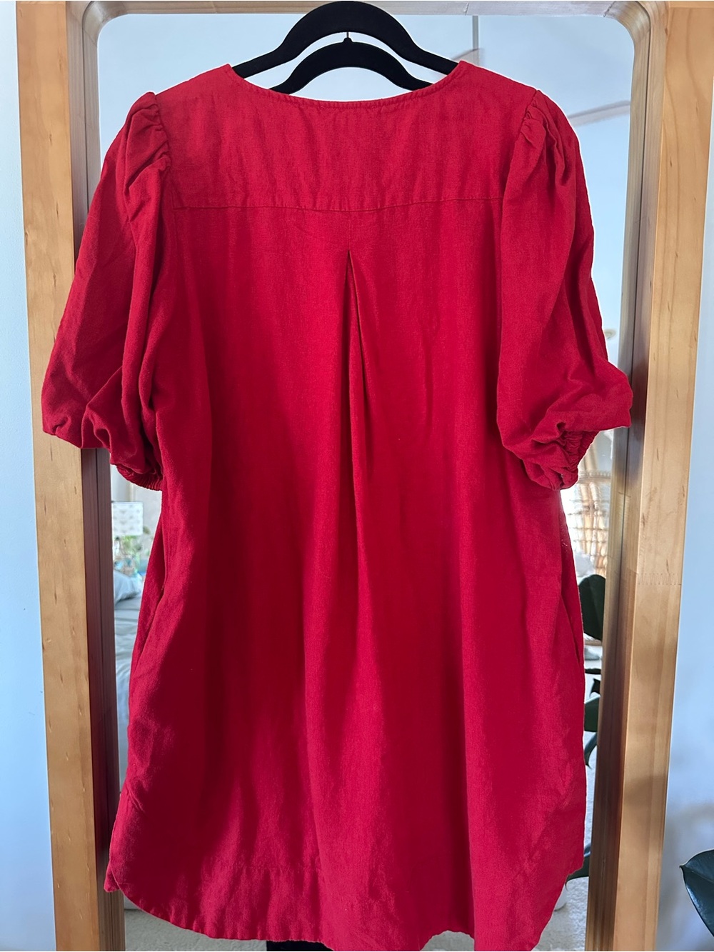 Relaxed Tunic Red V-Neck Puff Sleeve Dress Linen Blend Vacation Wear size Large - Picture 10 of 11